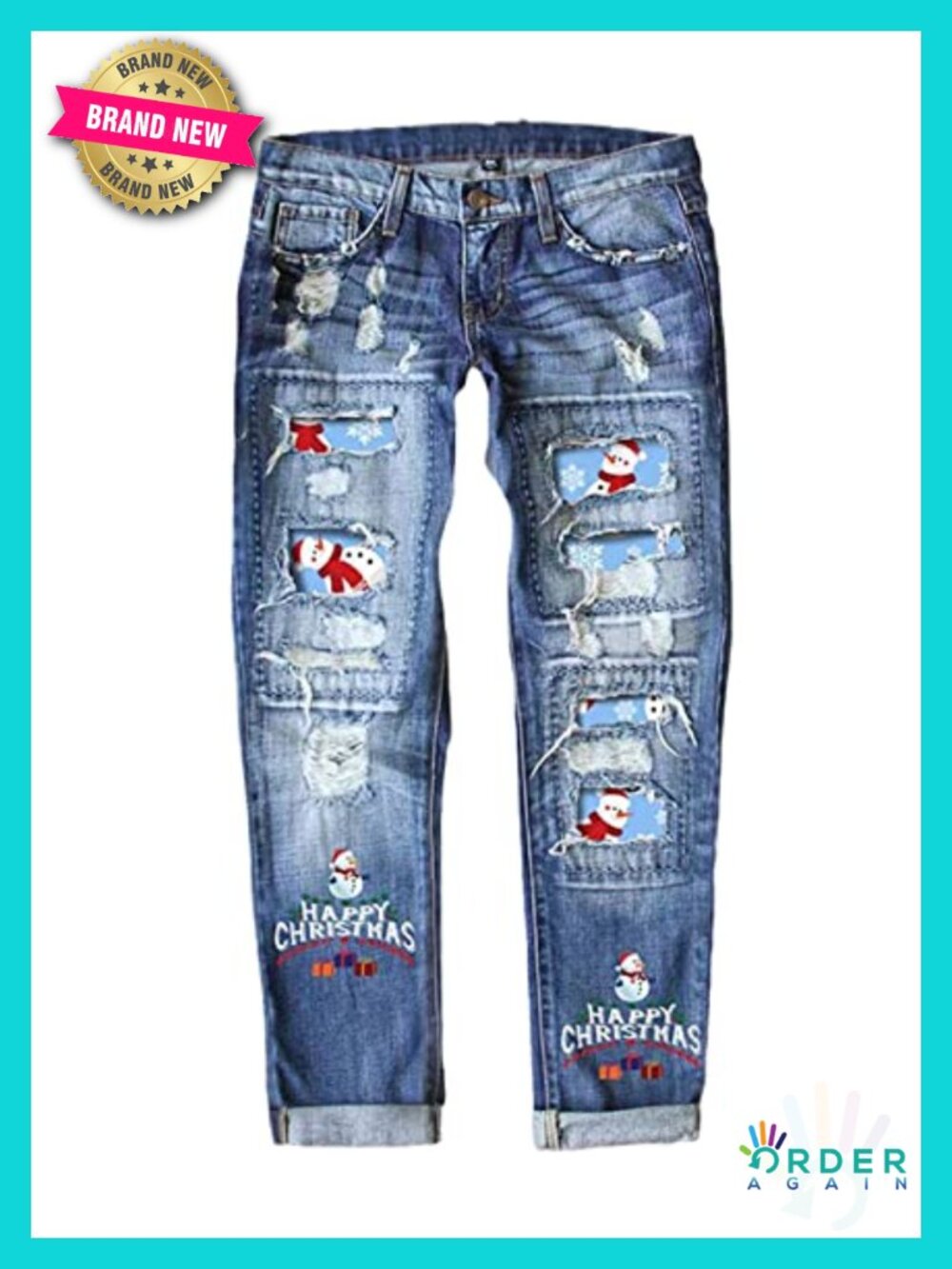 Ripped Boyfriend Jeans Christmas Patch Print Distressed Denim Pants